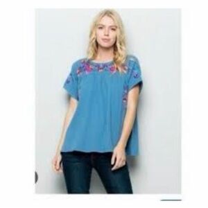 Blue and Pink Embroidered Blouse with Floral Details